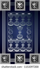 Graphic abstract design with occult tarot card. Minor Arcana - Nine of Cups . Suitable for invitation, flyer, sticker, poster, banner, card, label, cover, web. Vector illustration.