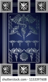 Graphic abstract design with occult tarot card. Minor Arcana - Nine of Wands. Suitable for invitation, flyer, sticker, poster, banner, card, label, cover, web. Vector illustration.