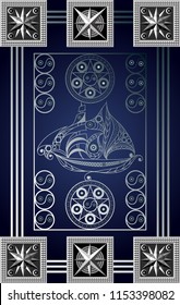 Graphic abstract design with occult tarot card. Minor Arcana - Two of Pentacles . Suitable for invitation, flyer, sticker, poster, banner, card, label, cover, web. Vector illustration.