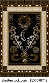 Graphic abstract design with occult tarot card. Minor Arcana - Two of Swords . Suitable for invitation, flyer, sticker, poster, banner, card, label, cover, web. Vector illustration.