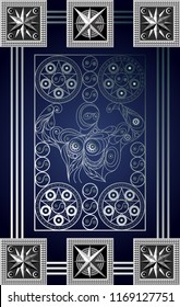 Graphic abstract design with occult tarot card. Minor Arcana - Four of Pentacles. Suitable for invitation, flyer, sticker, poster, banner, card, label, cover, web. Vector illustration.