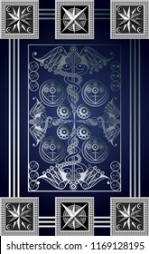 Graphic abstract design with occult tarot card. Minor Arcana - Four of Wands. Suitable for invitation, flyer, sticker, poster, banner, card, label, cover, web. Vector illustration.