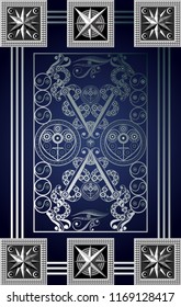 Graphic abstract design with occult tarot card. Minor Arcana - Four of Swords . Suitable for invitation, flyer, sticker, poster, banner, card, label, cover, web. Vector illustration.