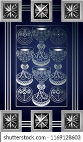 Graphic abstract design with occult tarot card. Minor Arcana - Four of Cups . Suitable for invitation, flyer, sticker, poster, banner, card, label, cover, web. Vector illustration.