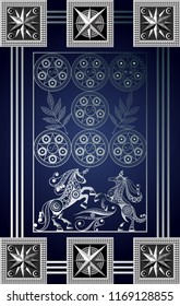 Graphic abstract design with occult tarot card. Minor Arcana - Seven of Pentacles. Suitable for invitation, flyer, sticker, poster, banner, card, label, cover, web. Vector illustration.