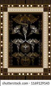 Graphic abstract design with occult tarot card. Minor Arcana - Seven of Wands. Suitable for invitation, flyer, sticker, poster, banner, card, label, cover, web. Vector illustration.