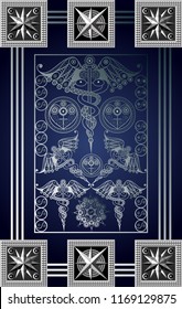 Graphic abstract design with occult tarot card. Minor Arcana - Five of Wands. Suitable for invitation, flyer, sticker, poster, banner, card, label, cover, web. Vector illustration.