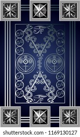 Graphic abstract design with occult tarot card. Minor Arcana - Five of Swords . Suitable for invitation, flyer, sticker, poster, banner, card, label, cover, web. Vector illustration.