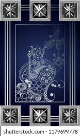 Graphic abstract design with occult tarot card. Minor Arcana - King of Pentacles. Suitable for invitation, flyer, sticker, poster, banner, card, label, cover, web. Vector illustration.