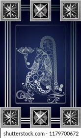 Graphic abstract design with occult tarot card. Minor Arcana - King of wands. Suitable for invitation, flyer, sticker, poster, banner, card, label, cover, web. Vector illustration.