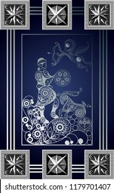 Graphic abstract design with occult tarot card. Minor Arcana - Page of Pentacles. Suitable for invitation, flyer, sticker, poster, banner, card, label, cover, web. Vector illustration.