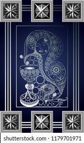 Graphic abstract design with occult tarot card. Minor Arcana - Page of Cups . Suitable for invitation, flyer, sticker, poster, banner, card, label, cover, web. Vector illustration.