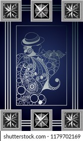 Graphic abstract design with occult tarot card. Minor Arcana - Page of wands. Suitable for invitation, flyer, sticker, poster, banner, card, label, cover, web. Vector illustration.