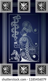 Graphic abstract design with occult tarot card. Minor Arcana -  Knight of Swords . Suitable for invitation, flyer, sticker, poster, banner, card, label, cover, web. Vector illustration.