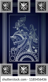 Graphic abstract design with occult tarot card. Minor Arcana - Knight of wands. Suitable for invitation, flyer, sticker, poster, banner, card, label, cover, web. Vector illustration.