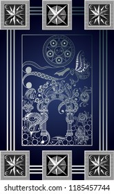 Graphic abstract design with occult tarot card. Minor Arcana - Ace of Pentacles. Suitable for invitation, flyer, sticker, poster, banner, card, label, cover, web. Vector illustration.