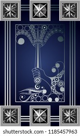 Graphic abstract design with occult tarot card. Minor Arcana - Ace of Swords . Suitable for invitation, flyer, sticker, poster, banner, card, label, cover, web. Vector illustration.