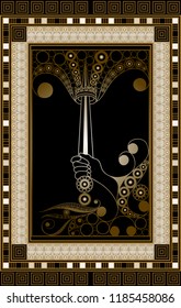 Graphic abstract design with occult tarot card. Minor Arcana - Ace of Swords . Suitable for invitation, flyer, sticker, poster, banner, card, label, cover, web. Vector illustration.