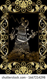 Graphic abstract design with occult tarot card. Major Arcana -The Tower. Suitable for invitation, flyer, sticker, poster, banner, card, label, cover, web. Vector illustration.