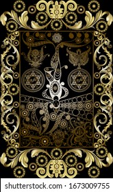 Graphic abstract design with occult tarot card. Major Arcana - The Hanged Man (The Traitor). Suitable for invitation, flyer, sticker, poster, banner, card, label, cover, web. Vector illustration.