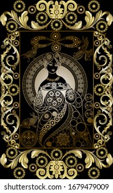 Graphic abstract design with occult tarot card. Minor Arcana - The Queen of Pentacles . Suitable for invitation, flyer, sticker, poster, banner, card, label, cover, web. Vector illustration.