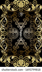 Graphic abstract design with occult tarot card. Minor Arcana - Five of Swords . Suitable for invitation, flyer, sticker, poster, banner, card, label, cover, web. Vector illustration.
