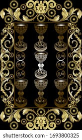 Graphic abstract design with occult tarot card. Minor Arcana - Seven of Cups . Suitable for invitation, flyer, sticker, poster, banner, card, label, cover, web. Vector illustration.