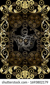 Graphic abstract design with occult tarot card. Minor Arcana - Four of Pentacles. Suitable for invitation, flyer, sticker, poster, banner, card, label, cover, web. Vector illustration.