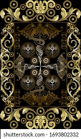 Graphic abstract design with occult tarot card. Minor Arcana - Four of Wands. Suitable for invitation, flyer, sticker, poster, banner, card, label, cover, web. Vector illustration.