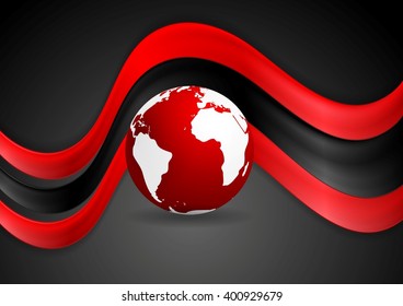 Graphic abstract design with red black waves and globe. Vector contrast dark background