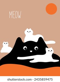 Graphic abstract illustration of minimalist cat, mountain, cloud with moon perfect for boho pet poster. Illustrator 10 EPS