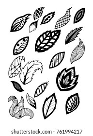 Graphic abstract leaves set. Hand drawn vector illustration.
