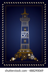Graphic abstract lighthouse (beacon, pharos) in line art style. Sailor element. Suitable for invitation, flyer, sticker, poster, banner, card, label, cover, web. Vector illustration.