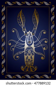 Graphic abstract lobster (crab, omar) in line art style. Seafood element. Suitable for invitation, flyer, sticker, poster, banner, card, label, cover, web. Vector illustration.