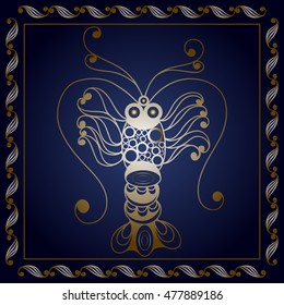 Graphic abstract lobster (crab, omar) in line art style. Seafood element. Suitable for invitation, flyer, sticker, poster, banner, card, label, cover, web. Vector illustration.