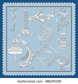 Graphic abstract sailor elements (set, kit) in line art style. Suitable for invitation, flyer, sticker, poster, banner, card, label, cover, web. Vector illustration.