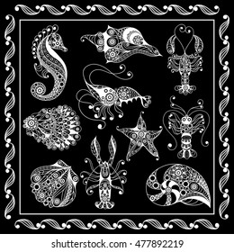 Graphic abstract sea creatures in line art style (set, kit). Suitable for invitation, flyer, sticker, poster, banner, card, label, cover, web. Vector illustration.