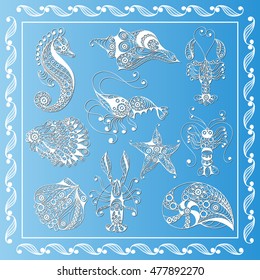 Graphic abstract sea creatures in line art style (set, kit). Suitable for invitation, flyer, sticker, poster, banner, card, label, cover, web. Vector illustration.
