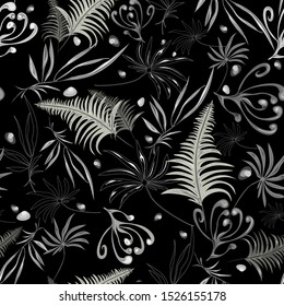 Graphic, Abstract seamless vector pattern with white and gray elements and contours of foliage on a black background. The leaves of ferns and other plants are arranged in random order. 