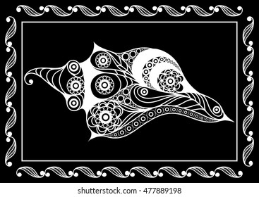 Graphic abstract seashell (shell) in line art style. Seafood element. Suitable for invitation, flyer, sticker, poster, banner, card, label, cover, web. Vector illustration.