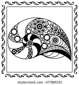 Graphic abstract seashell (shell) in line art style. Seafood element. Suitable for invitation, flyer, sticker, poster, banner, card, label, cover, web. Vector illustration.