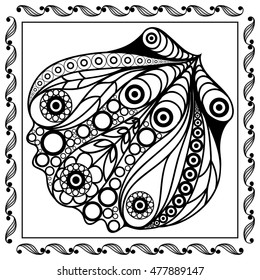 Graphic abstract seashell (shell, mussel) in line art style. Seafood element. Suitable for invitation, flyer, sticker, poster, banner, card, label, cover, web. Vector illustration.