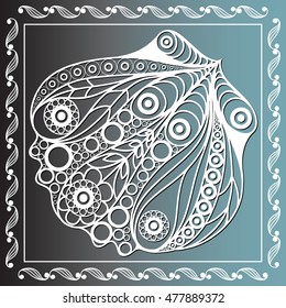 Graphic abstract seashell (shell, mussel) in line art style. Seafood element. Suitable for invitation, flyer, sticker, poster, banner, card, label, cover, web. Vector illustration.
