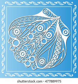 Graphic abstract seashell (shell, mussel) in line art style. Seafood element. Suitable for invitation, flyer, sticker, poster, banner, card, label, cover, web. Vector illustration.