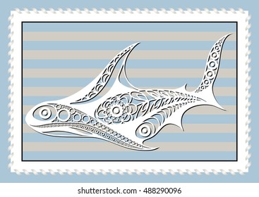 Graphic abstract shark in line art style. Sailor element. Suitable for invitation, flyer, sticker, poster, banner, card, label, cover, web. Vector illustration.