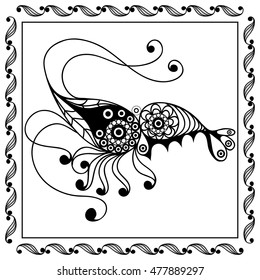 Graphic abstract shrimp (prawn) in line art style. Seafood element. Suitable for invitation, flyer, sticker, poster, banner, card, label, cover, web. Vector illustration.