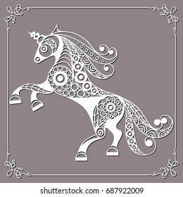 Graphic abstract unicorn (monoceros) in line art style. Mythical creature. Suitable for invitation, flyer, sticker, poster, banner, card, label, cover, web. Vector illustration.