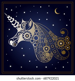 Graphic abstract unicorn (monoceros) in line art style. Mythical creature. Suitable for invitation, flyer, sticker, poster, banner, card, label, cover, web. Vector illustration.