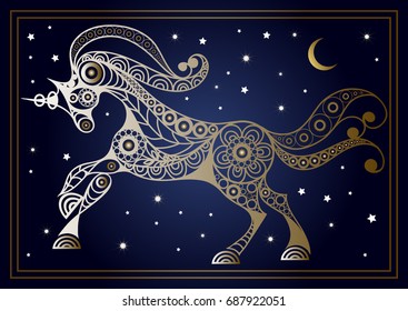 Graphic abstract unicorn (monoceros) in line art style. Mythical creature. Suitable for invitation, flyer, sticker, poster, banner, card, label, cover, web. Vector illustration.