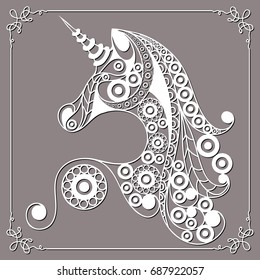 Graphic abstract unicorn (monoceros) in line art style. Mythical creature. Suitable for invitation, flyer, sticker, poster, banner, card, label, cover, web. Vector illustration.